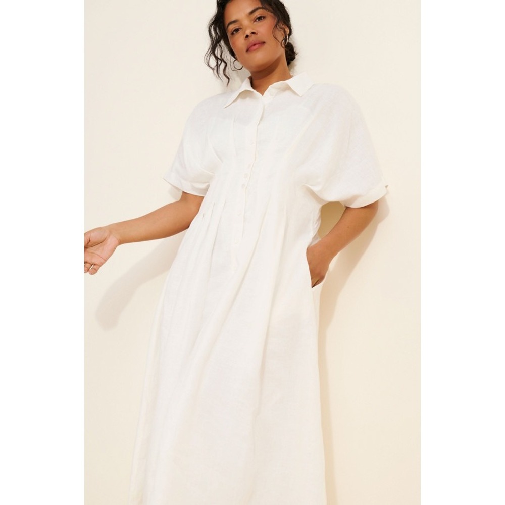 Exquise Tobie Linen Maxi Dress Ivory White Button Front Pleated Size XL P